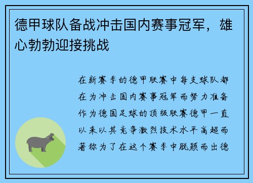 德甲球队备战冲击国内赛事冠军，雄心勃勃迎接挑战